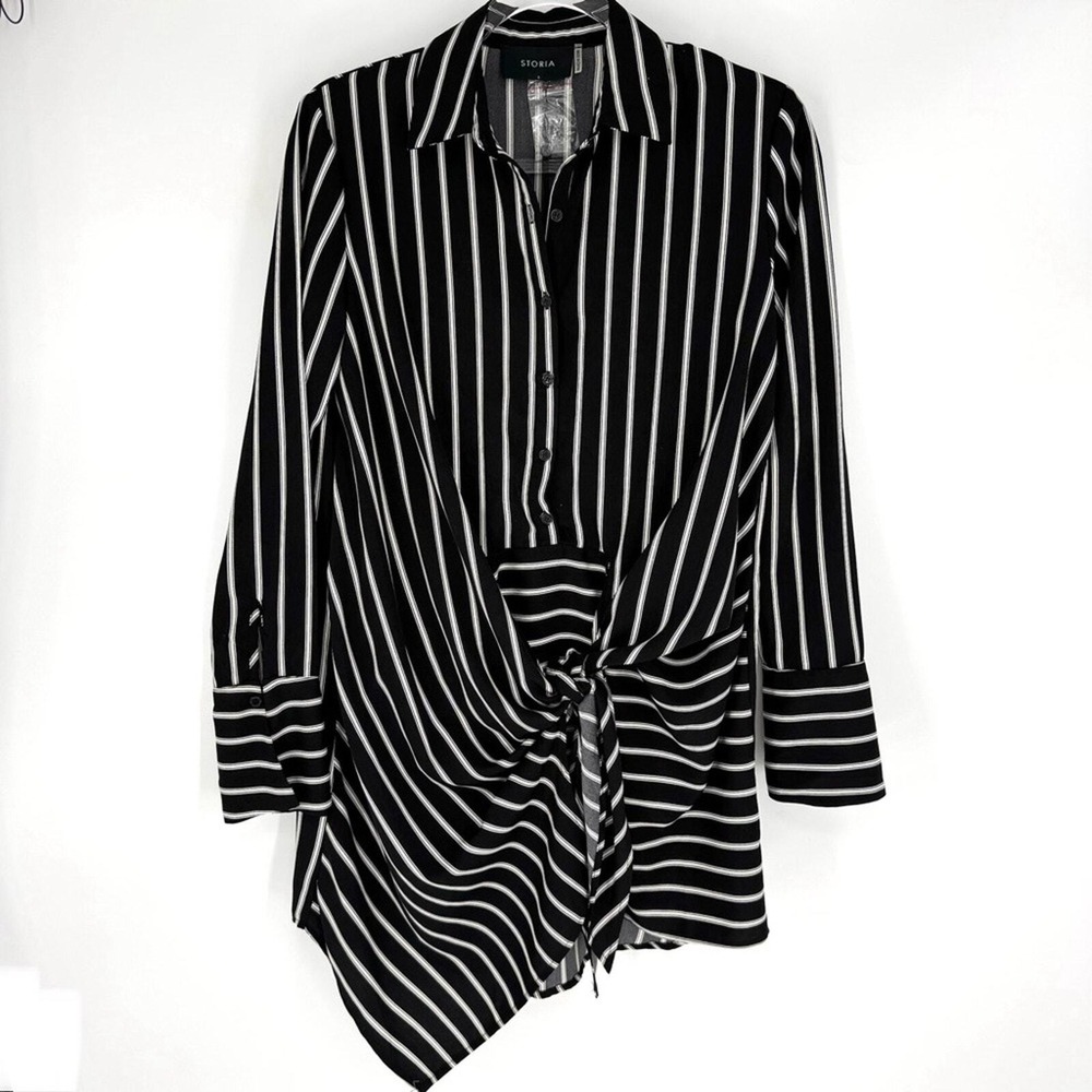Storia Mini Wrap Shirt Dress Black with White Stripes‎ Size Small NWT